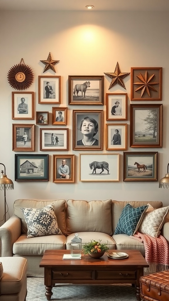 A cozy country cottage living room featuring a personalized gallery wall with framed photos and art.