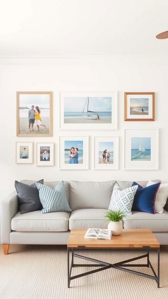 A cozy living room with a gallery wall of framed photos, featuring beach scenes and family moments.