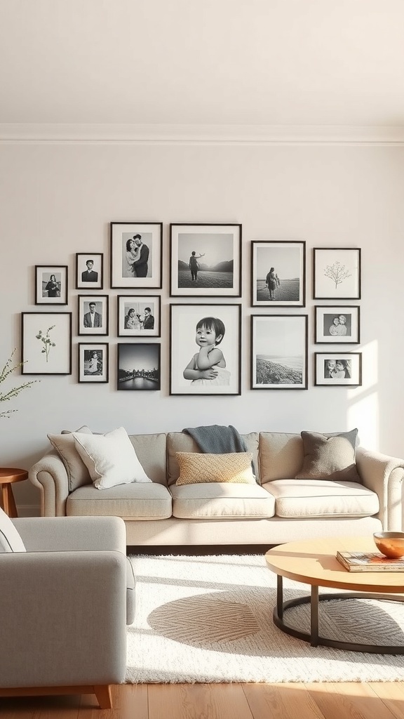 A cozy living room with a gallery wall featuring various framed black and white photos.