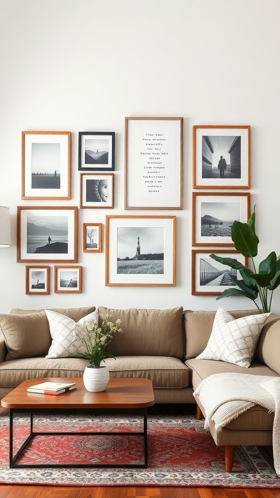 A cozy living room featuring a gallery wall with various framed black and white photos.