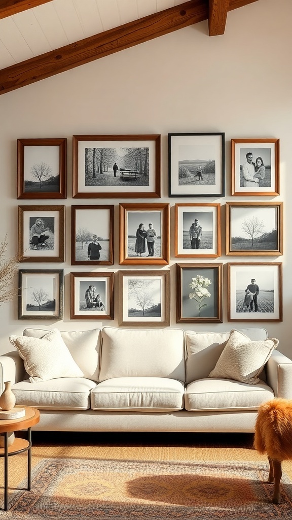 A cozy living room with a gallery wall of framed black and white photos above a light-colored sofa.
