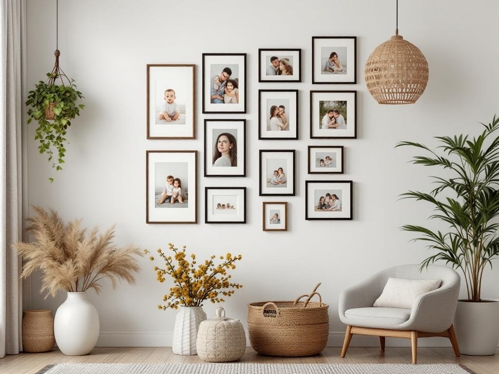 A cozy gallery wall featuring framed photos, a hanging plant, and decorative elements.