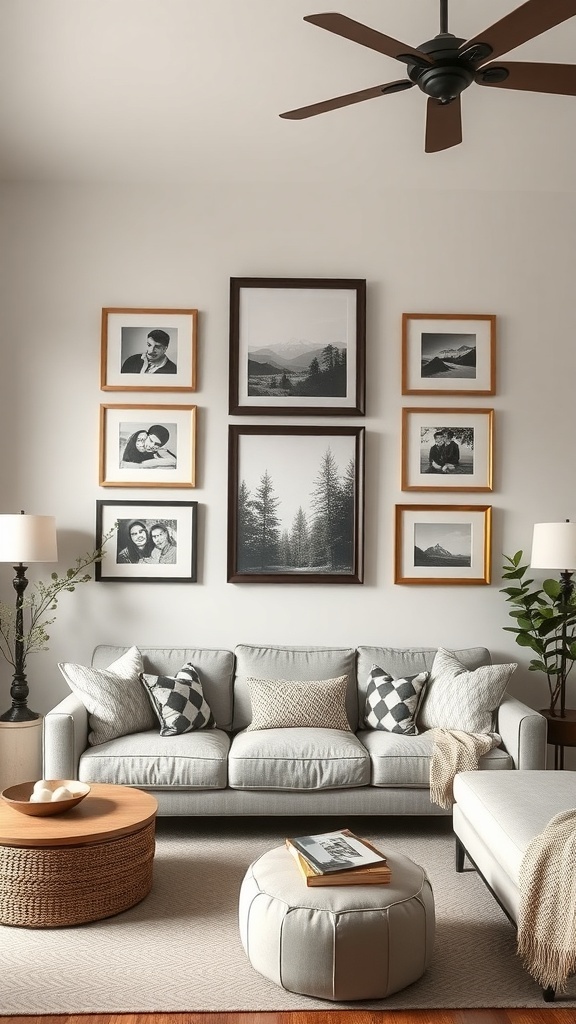 A cozy farmhouse living room featuring a gallery wall with framed photos and art.