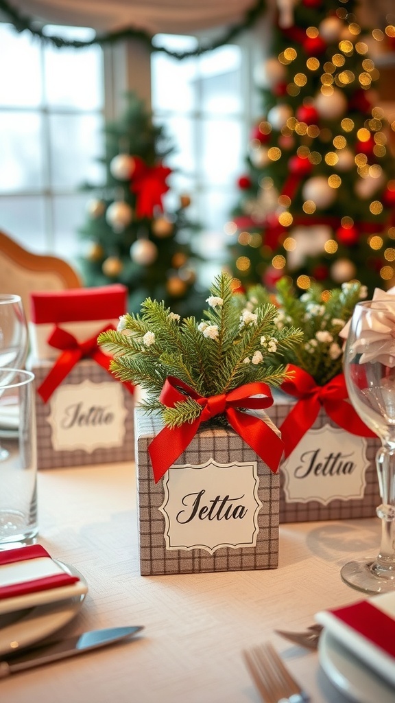 A festive table setting featuring a personalized gift box centerpiece with greenery and a 'Merry Merich' label.