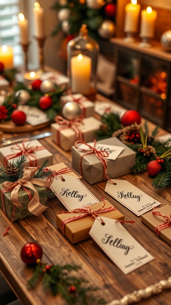 A beautifully set table with personalized gift tags and a floral centerpiece.
