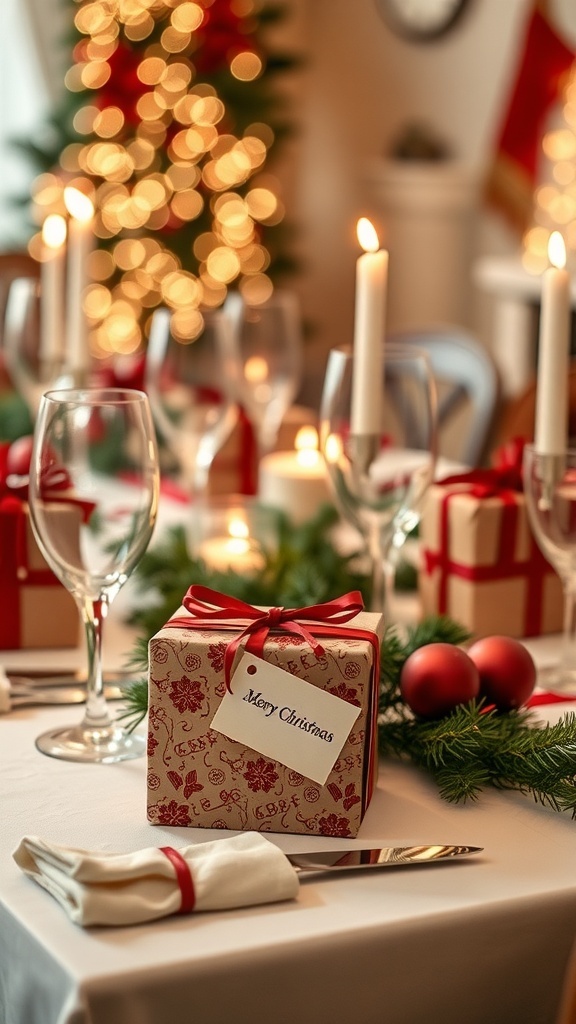 A beautifully set Christmas table with personalized gifts, candles, and festive decorations.