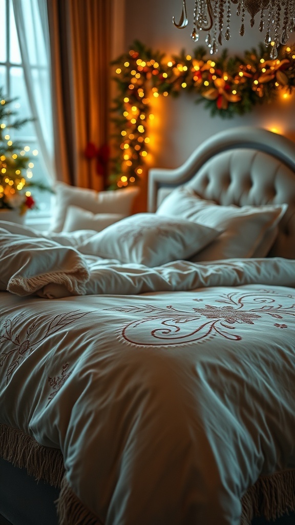 Cozy holiday bedding with 'Merry Holiday' text and festive decorations.