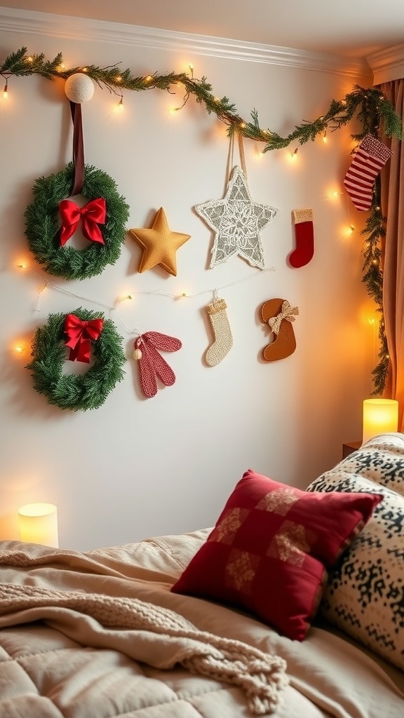 A cozy Christmas bedroom with a personalized sign and festive decorations.