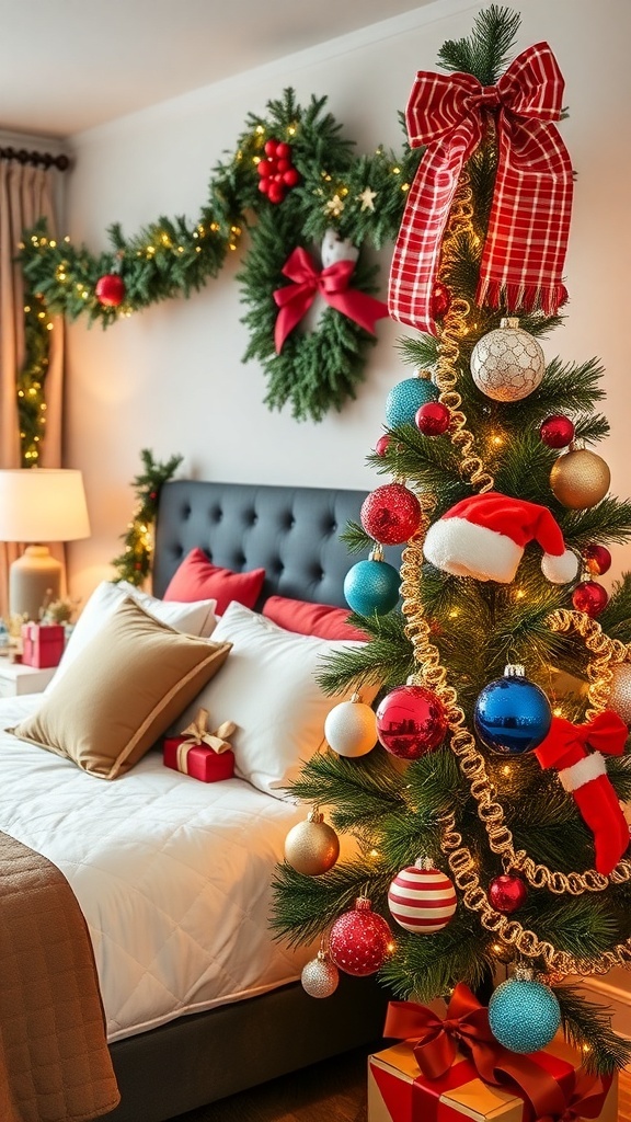 A cozy bedroom decorated for Christmas with hanging ornaments, festive throws, and a small tree.