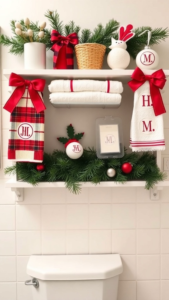 A beautifully decorated bathroom shelf with personalized holiday decor, including monogrammed towels and festive ornaments.