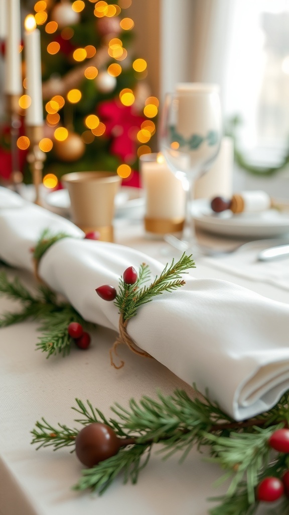 A beautifully set Christmas table with white napkins wrapped in greenery and red berries, complemented by candles and a decorated tree in the background.