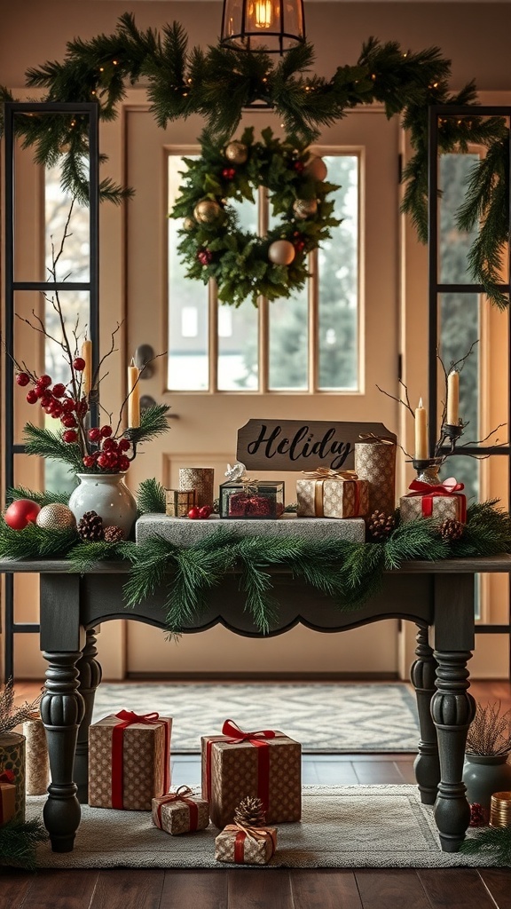 A personalized holiday sign on an entryway table decorated with festive items.