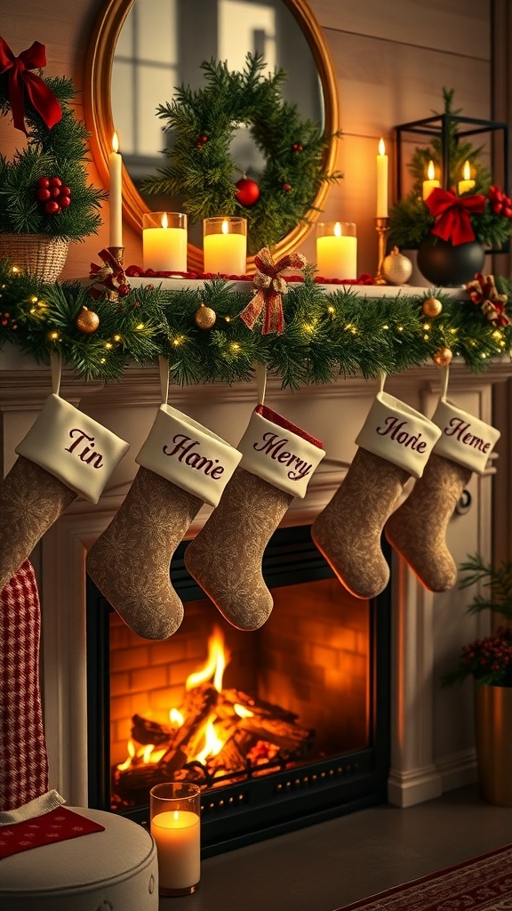 Two personalized holiday stockings hanging by a fireplace, one green with snowflakes and one red with decorative text.