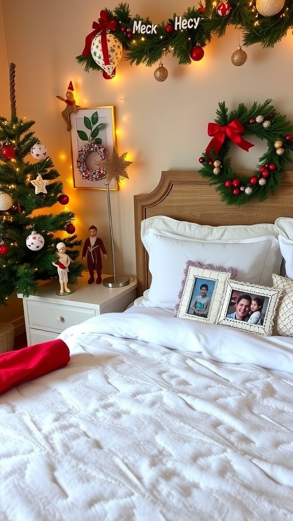 A cozy bedroom decorated for Christmas with a small tree, festive pillows, and personalized touches.