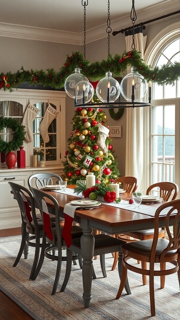A beautifully decorated dining room for Christmas with a tree, garland, and festive table settings.