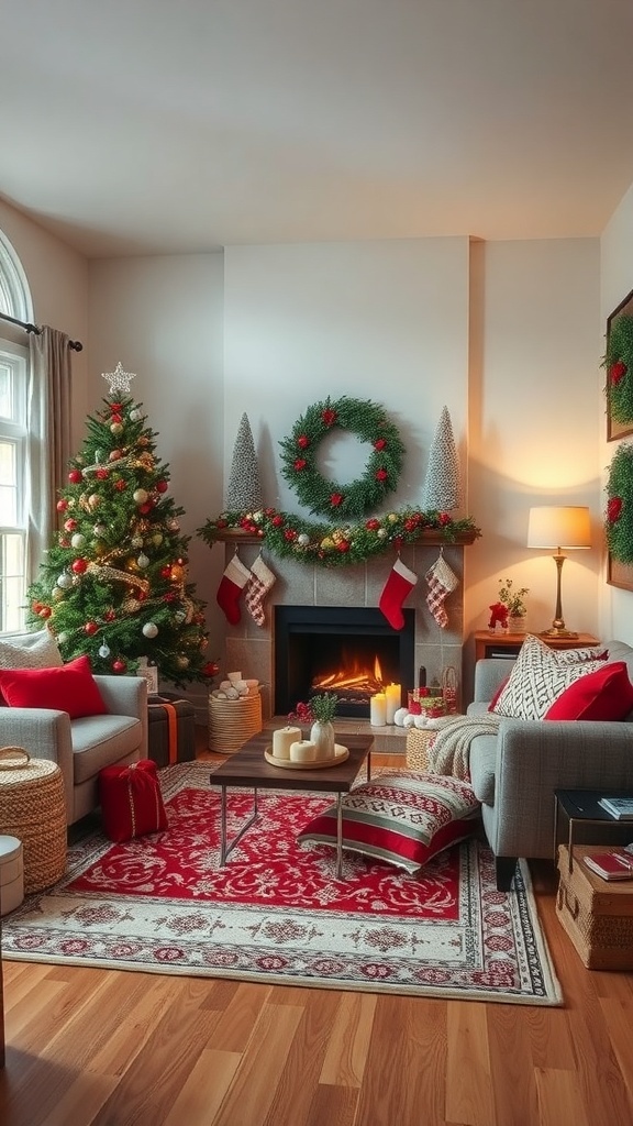A cozy winter living room decorated for the holidays with a Christmas tree, stockings, and festive decor.