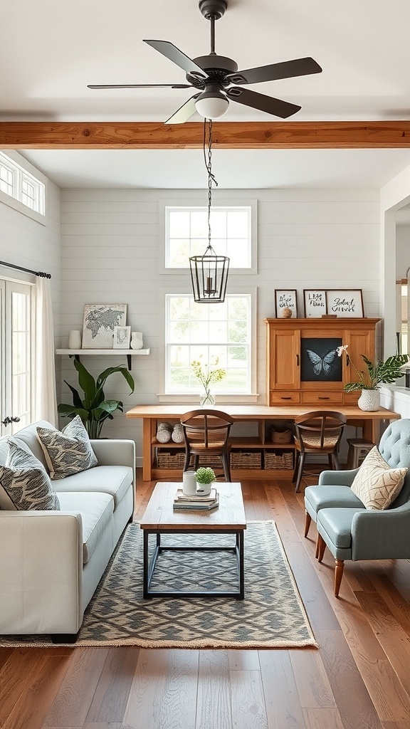A cozy living room in a modern farmhouse with a light color palette, wooden accents, and stylish furniture.