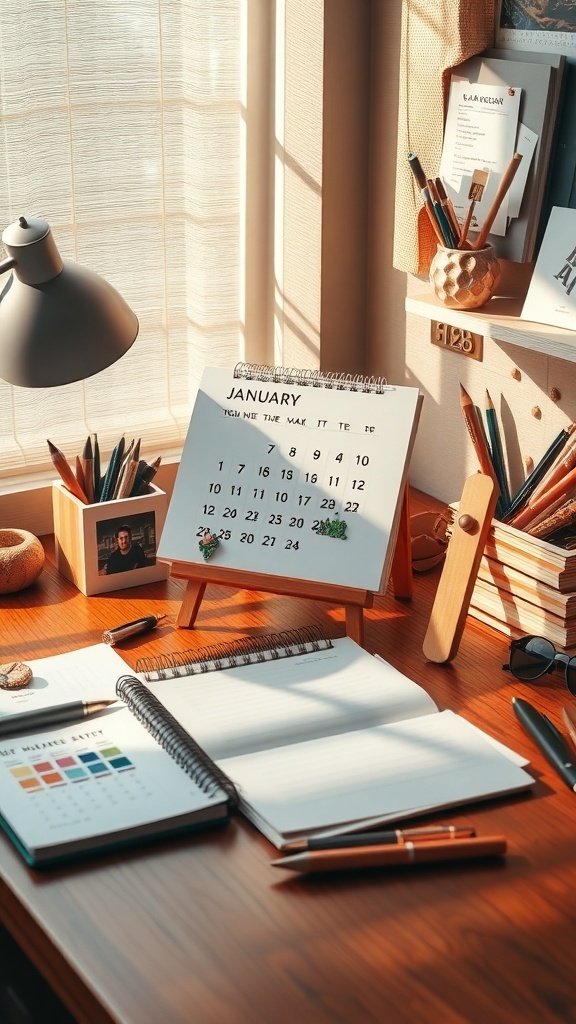 A personalized January calendar with photos and notes on a desk