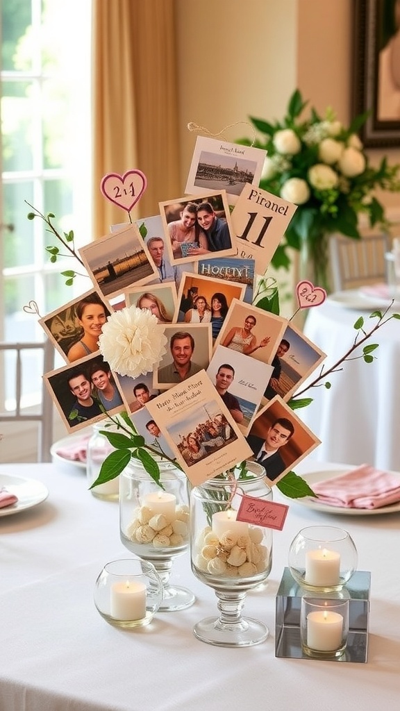 A creative table centerpiece featuring photos and colorful decorations.