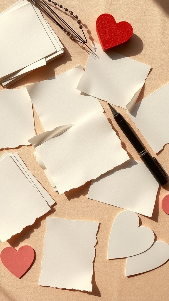 A collection of handwritten love notes with small red heart decorations and a pen.