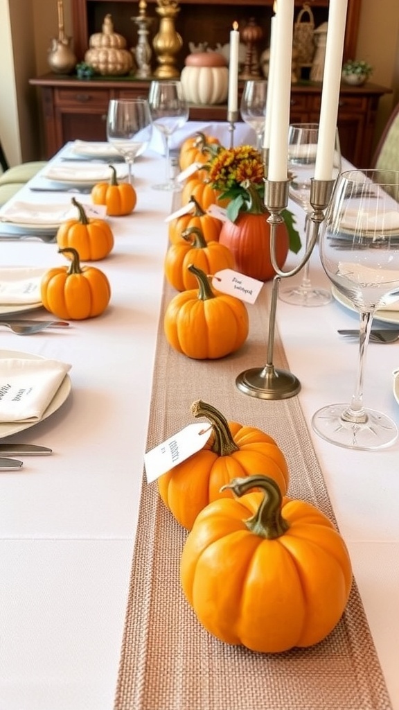 A Thanksgiving table decorated with personalized mini pumpkins as favors.