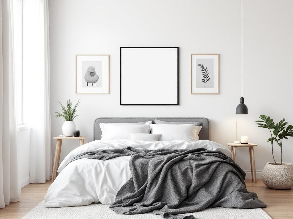 A minimalist bedroom featuring a cozy bed with white linens, a gray throw, framed artwork on the walls, and potted plants.