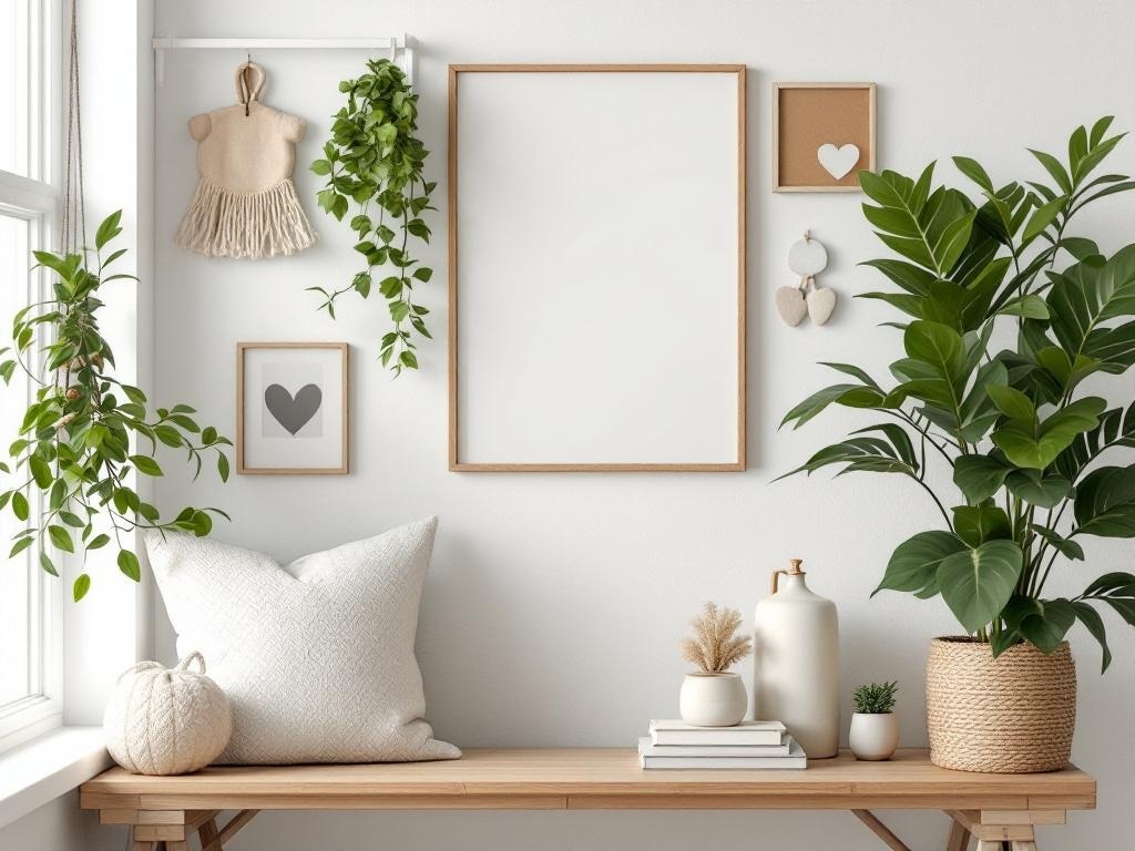 A cozy minimalist corner with plants, a wooden bench, and simple wall art.