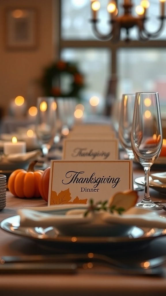 A beautifully set Thanksgiving dinner table with personalized name cards, elegant tableware, and decorative pumpkins.