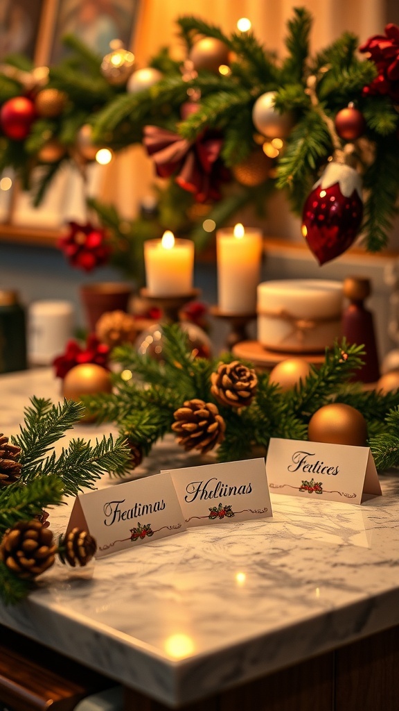A beautifully arranged table with personalized name place settings for a Christmas gathering.