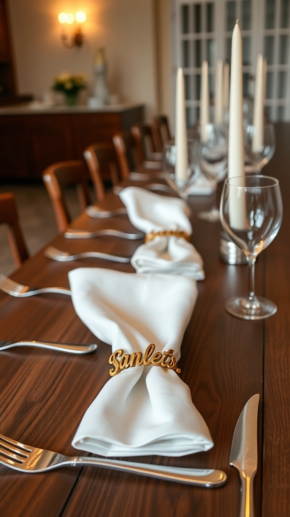 A beautifully set Thanksgiving table featuring white napkins with golden personalized napkin rings.