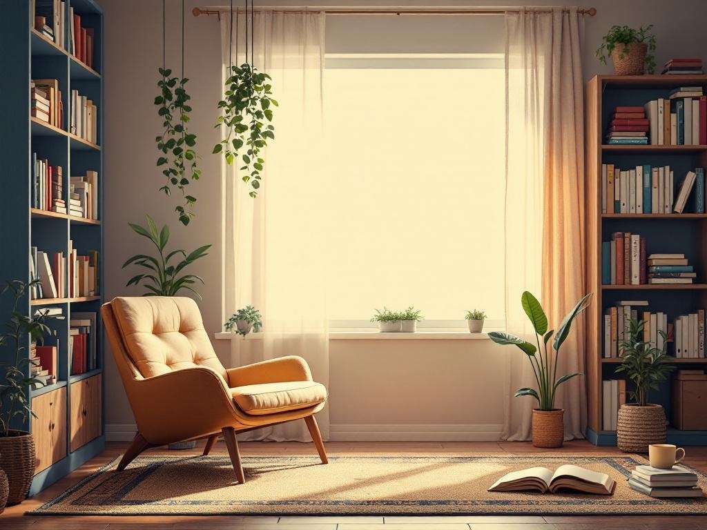 A cozy reading nook with a yellow chair, bookshelves, plants, and natural light.