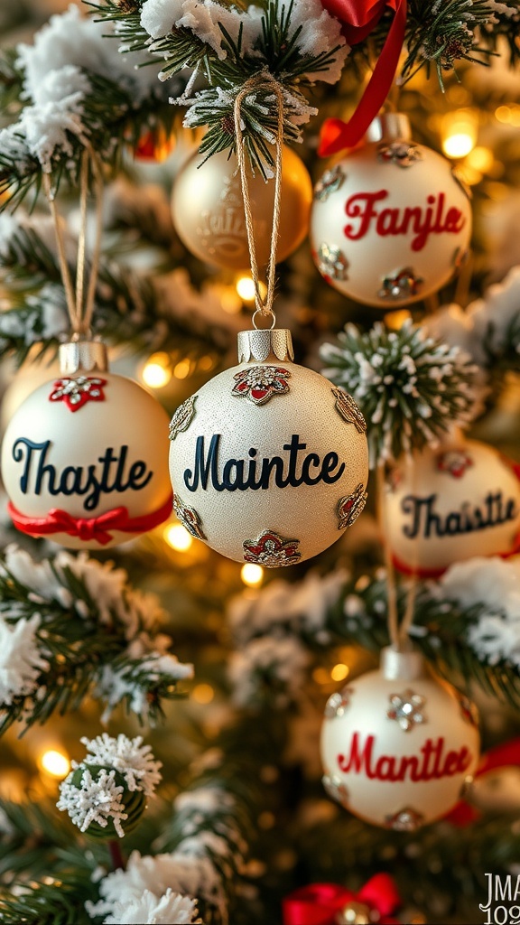 Colorful personalized ornaments hanging on a snowy Christmas tree