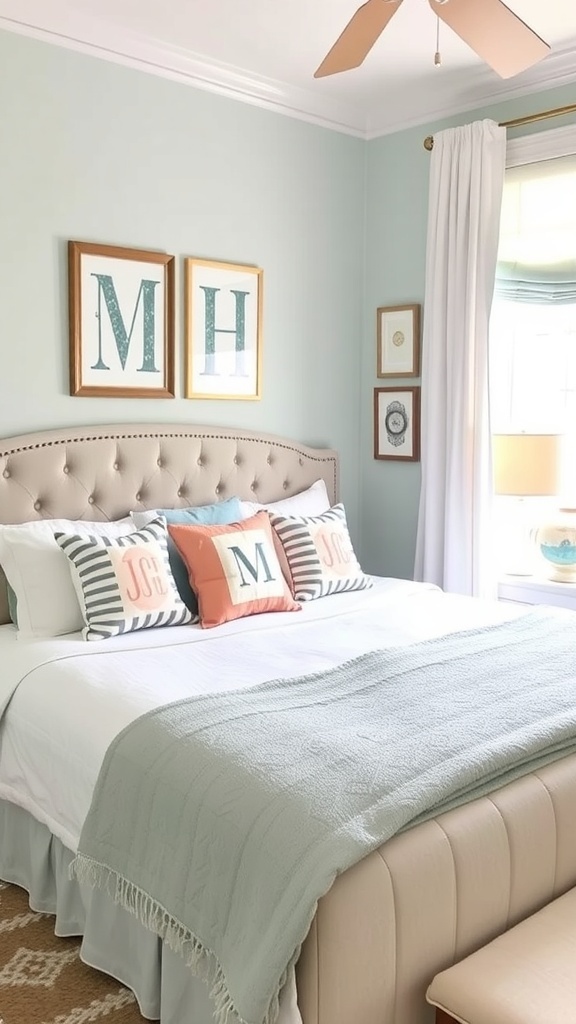 A cozy pastel bedroom with a pink headboard, personalized pillows, and framed artwork.