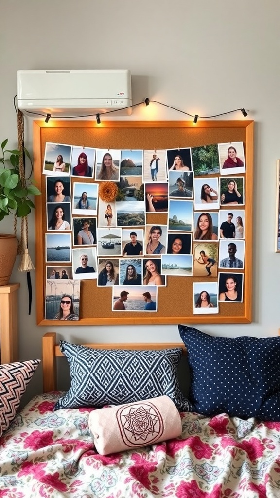 A personalized photo collage on a corkboard with various pictures, surrounded by cozy pillows and a colorful blanket in a boho dorm room.