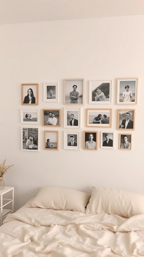 A wall with a grid of black-and-white framed photos in a neutral teen girl bedroom.