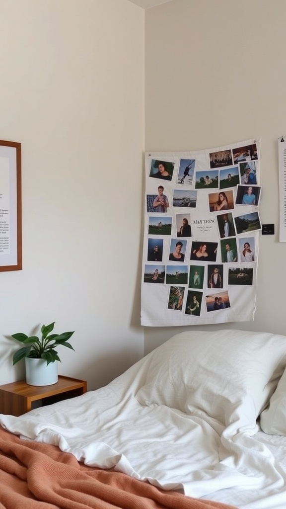 A cozy bedroom with a photo display and a plant on a bedside table.
