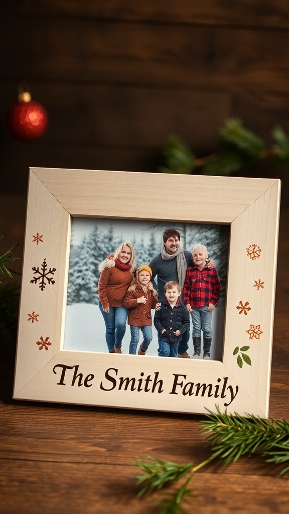 A personalized wooden photo frame with the text 'The Smith Family' featuring a family photo in a snowy setting.