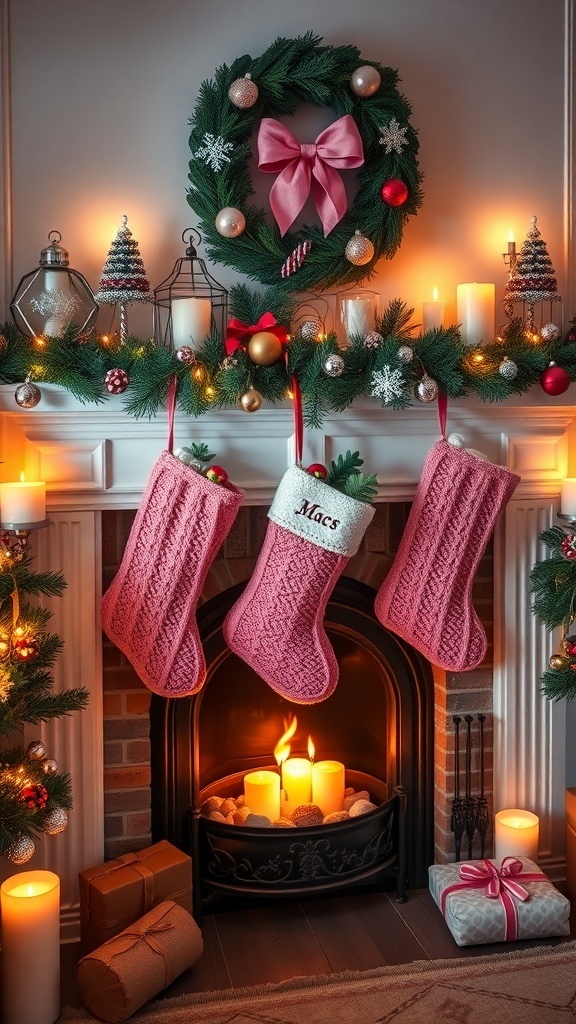 Two personalized pink Christmas stockings hanging by a fireplace, decorated with a wreath and ornaments.