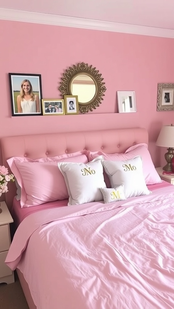 A cozy pink bedroom featuring monogrammed pillows and framed art.