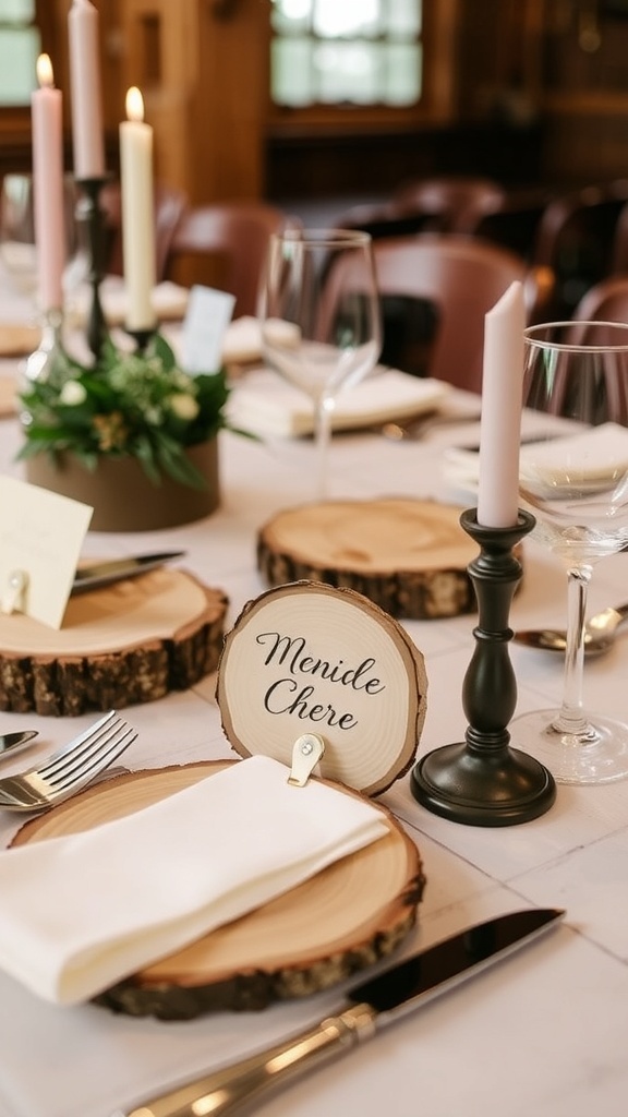 A rustic table setting with personalized place cards on wooden slices.