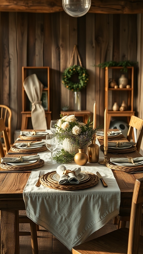 A rustic table setting with personalized place cards and decorative elements.
