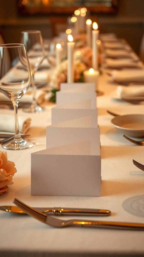 A beautifully set dining table with personalized place cards and floral arrangements.