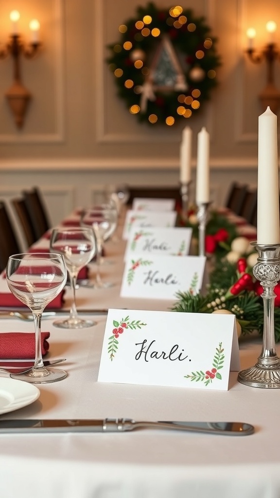A beautifully set dining table with personalized place cards for each guest.