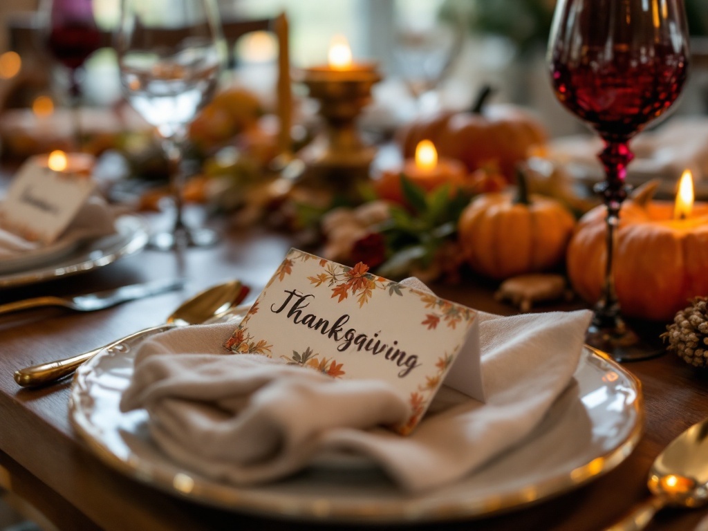 A Thanksgiving table setting with personalized place cards, mini pumpkins, and candles.