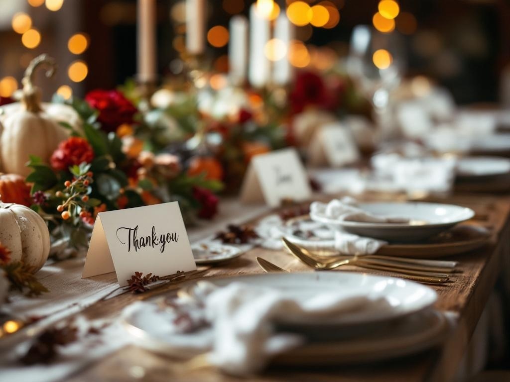 A beautifully set Thanksgiving table with personalized place cards and seasonal decorations.