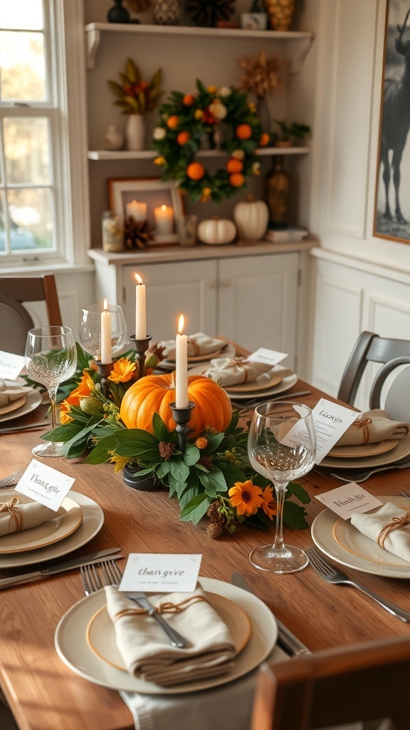 A Thanksgiving table setting with personalized name cards, a pumpkin centerpiece, and elegant dishware.
