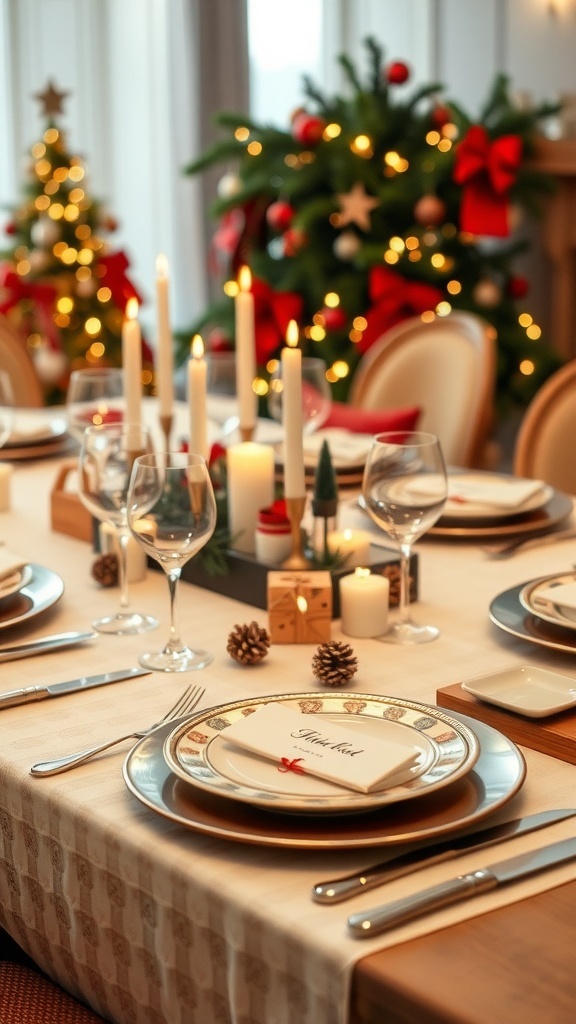 A beautifully set Christmas dinner table with personalized place settings, candles, and festive decorations.