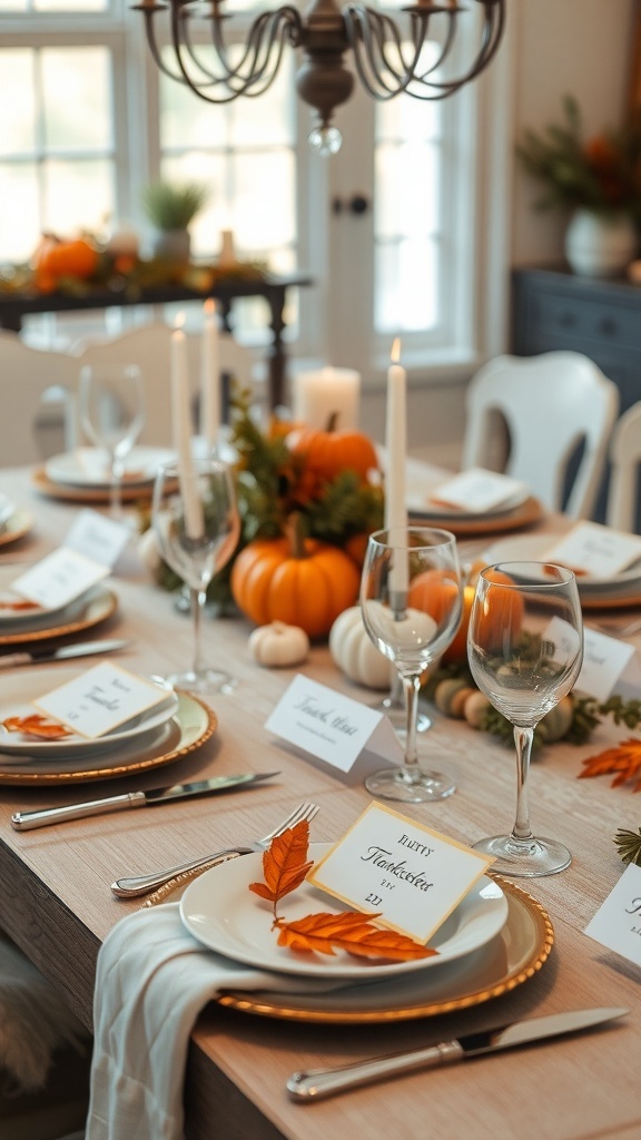 A beautifully set Thanksgiving table with personalized place settings, featuring name cards, elegant plates, and autumn decorations.