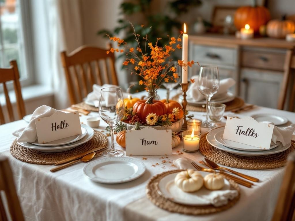 A beautifully arranged Thanksgiving table with personalized place settings, featuring name cards, pumpkins, and candles.