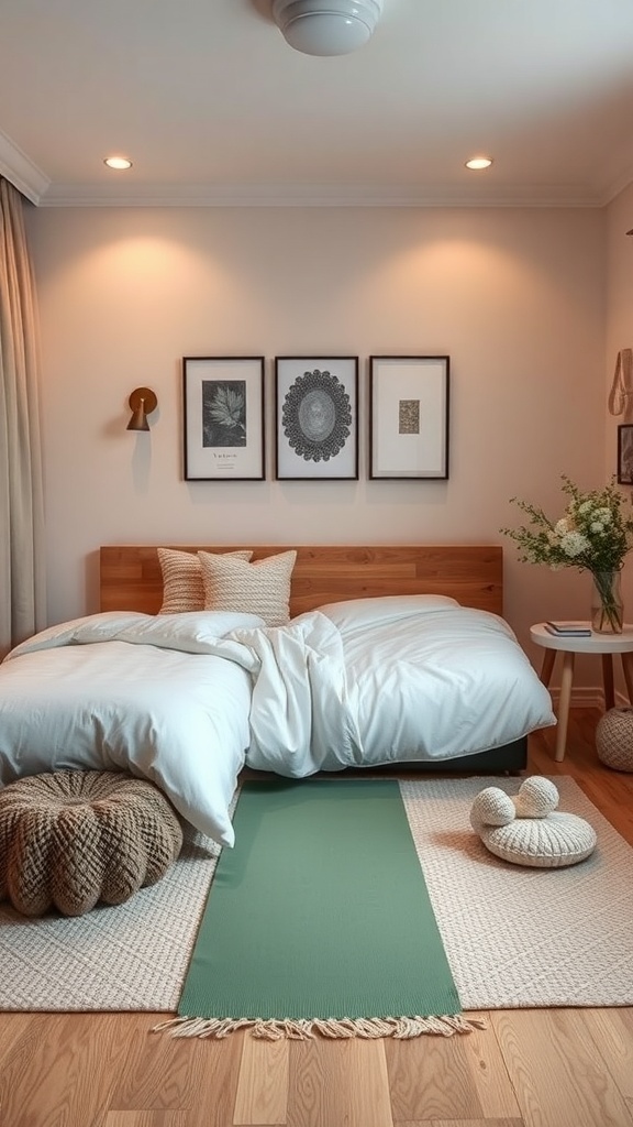 A calming bedroom with a cozy bed, soft pillows, and warm lighting.